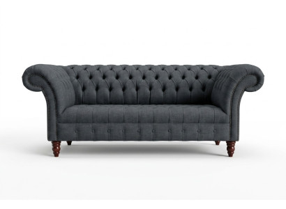 Sofá de tela gris Chesterfield de tres plazas gris de lujo para sala de estar.