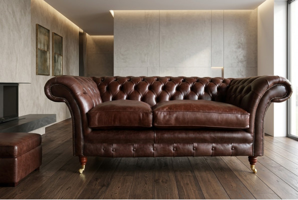 Sofá de lujo Chesterfield marrón de 3 plazas para sala de estar moderna.