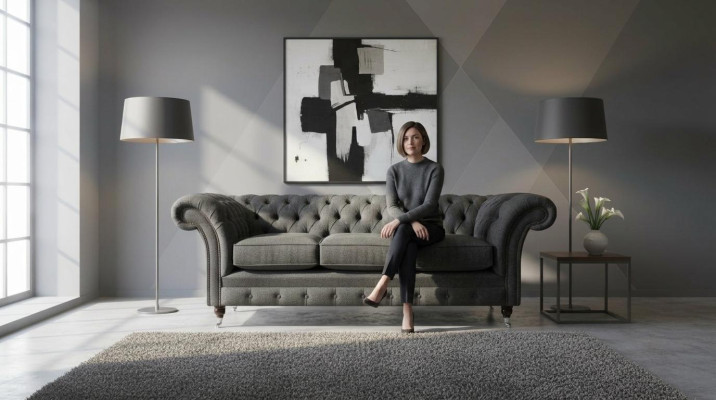 Sofá Chesterfield tapizado negro, diseñador de 3 plazas para el salón.
