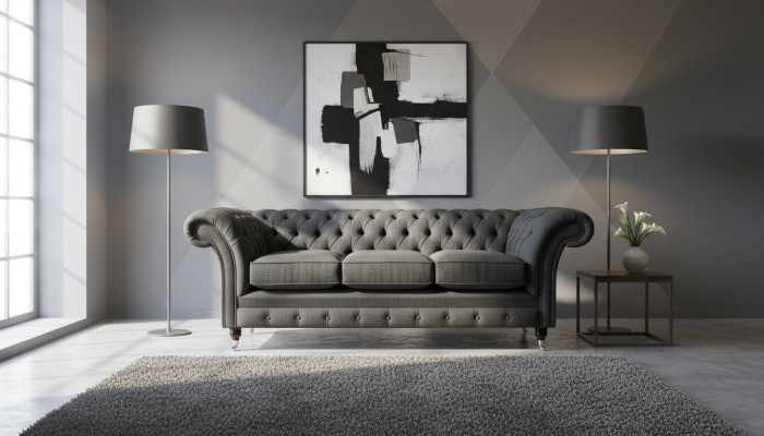 Sofá Chesterfield tapizado negro, diseñador de 3 plazas para el salón.
