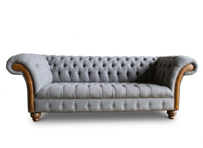 Noble y elegante sofá Chesterfield gris de tres plazas de lujo para sala de estar.
