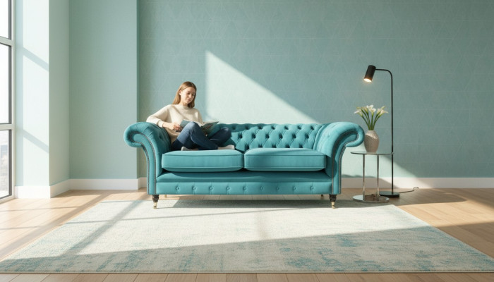 Sofá Chesterfield de diseñador de 3 plazas de lujo en el salón de color turquesa.