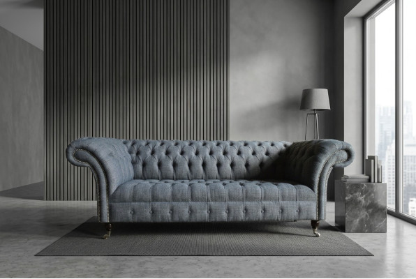 Textil de lujo Chesterfield gris, sofá de diseñador de tres plazas.