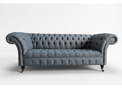 Textil de lujo Chesterfield gris, sofá de diseñador de tres plazas.
