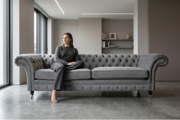 Chesterfield Sofá de 4 plazas estilo moderno tapizado en cuero y tela