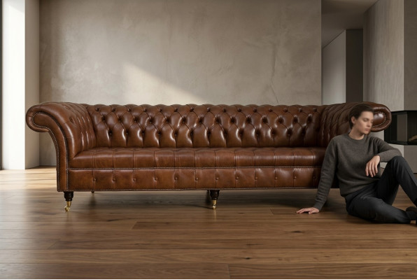 Chesterfield Sofá Marrón Sofá Tapizado de 4 Plazas Sofás de Conjunto de Asientos de Sofá 265cm