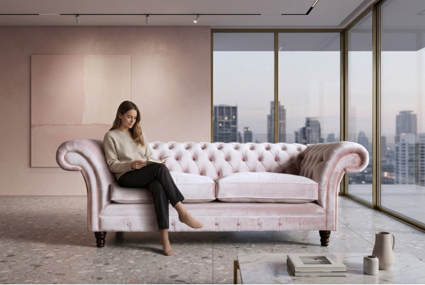 Chesterfield sofá de diseño de 3 plazas, sofá tapizado de tela de tres plazas.