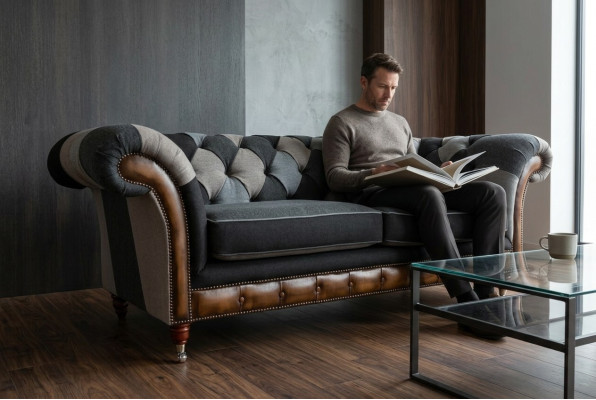 Sofá Chesterfield resistente de microfibra con cojines de tela acolchada.