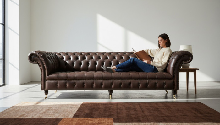 Sofá Chesterfield marrón acolchado de 4 plazas - sofás de diseño para la sala de estar.