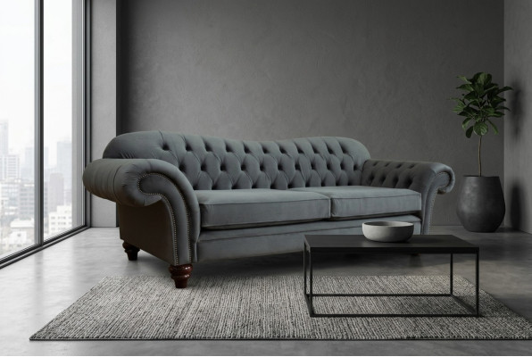 Sofá grande de 4 plazas Chesterfield tapizado de tela gris nuevo.
