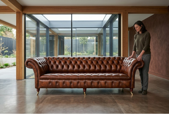 Chesterfield sofá de 4 plazas estilo moderno en cuero y tela.
