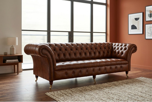 Chesterfield sofá de 4 plazas estilo moderno en cuero y tela.