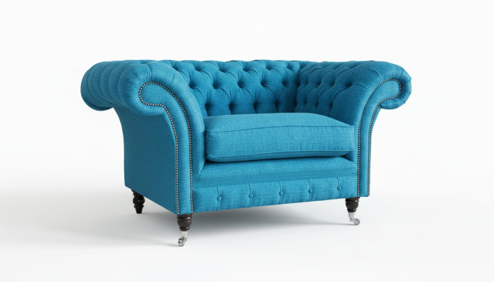 Sofá azul Chesterfield tapizado en tela y cuero, mobiliario nuevo.