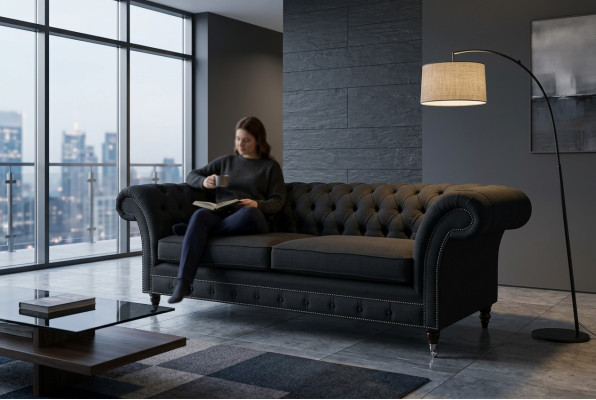 Sofá de lujo Chesterfield moderno de tres plazas negro.