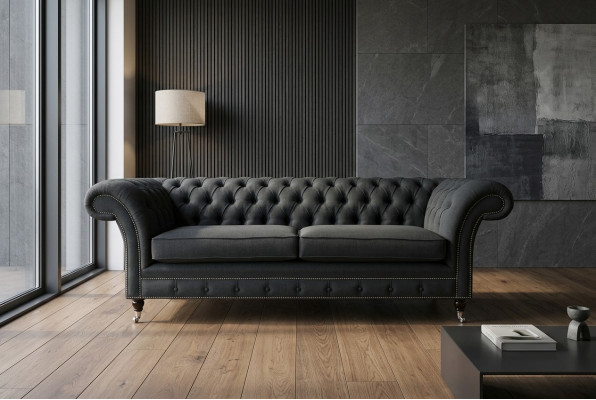 Sofá de lujo Chesterfield moderno de tres plazas negro.