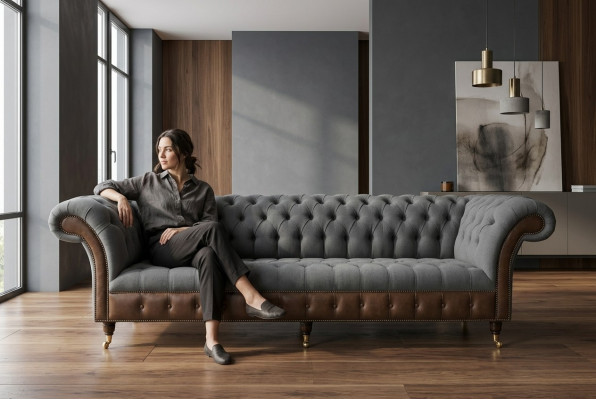 Diseño Chesterfield Sofá de 4 plazas Gris Sofá Acolchado de Cuero Sofás de Sala de Estar Nuevos