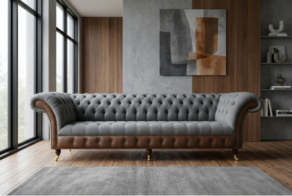 Diseño Chesterfield Sofá de 4 plazas Gris Sofá Acolchado de Cuero Sofás de Sala de Estar Nuevos