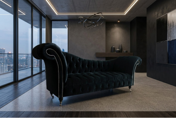 Sofá de diseño Chesterfield de tres plazas en color negro para la sala.