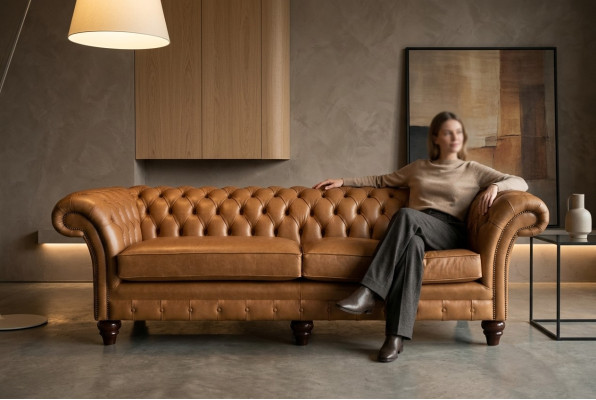 Sofá Chesterfield marrón de lujo de 4 plazas de tela acolchada.