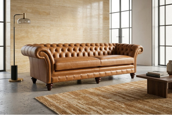 Sofá Chesterfield marrón de lujo de 4 plazas de tela acolchada.