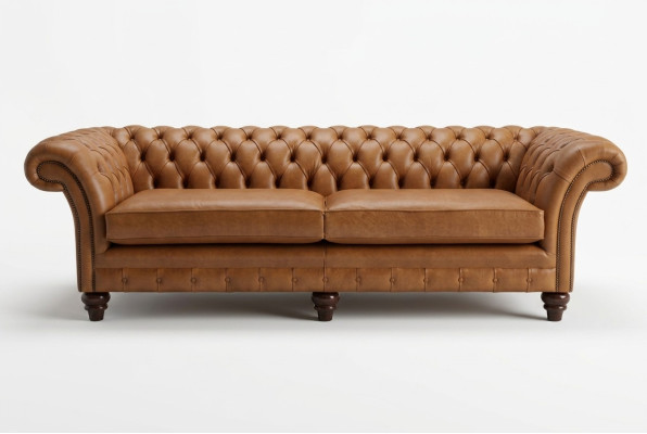 Sofá Chesterfield marrón de lujo de 4 plazas de tela acolchada.