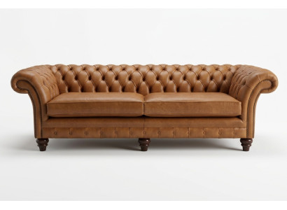 Sofá Chesterfield marrón de lujo de 4 plazas de tela acolchada.