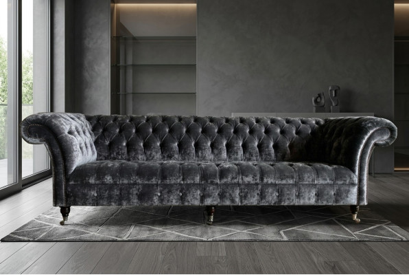 Sofá de lujo Chesterfield gris de diseñador, sofá de tela de 4 plazas.