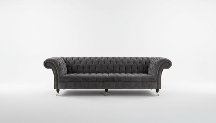 Sofá de lujo Chesterfield gris de diseñador, sofá de tela de 4 plazas.