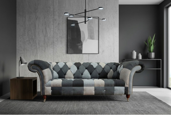 Sofá de 3 plazas diseño Chesterfield Conjunto de asientos de cuero y textil Nuevo