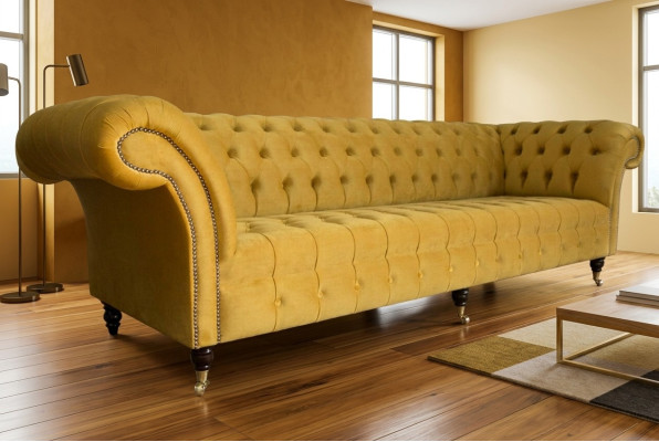 Sofá Sofá Tapizado Chesterfield Textil Sofás Diseño Lujo Sofás de tela de 4 plazas Amarillo.
