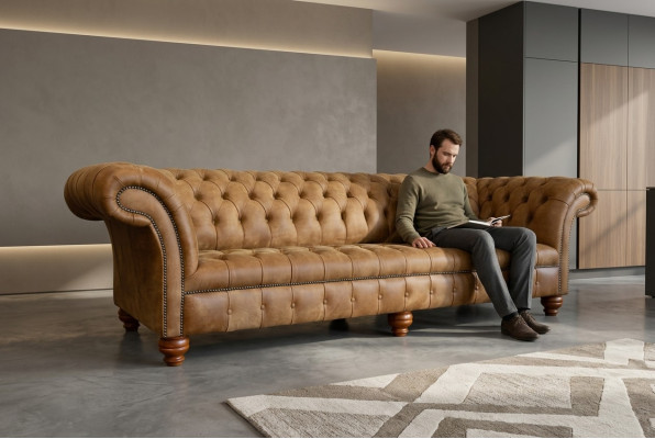 Sofá Chesterfield marrón de 4 plazas con tapizado de sofá.