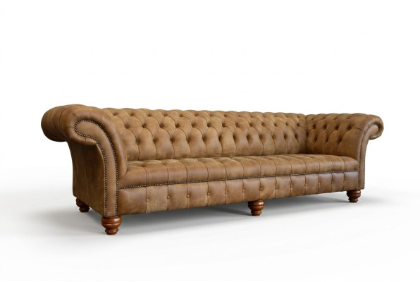 Sofá Chesterfield marrón de 4 plazas con tapizado de sofá.
