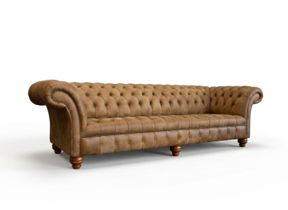 Sofá Chesterfield marrón de 4 plazas con tapizado de sofá.