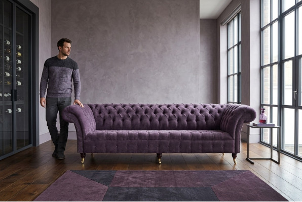 Lila Chesterfield Sofá de lujo con cojines, sofá de 4 plazas, conjunto de sillones.