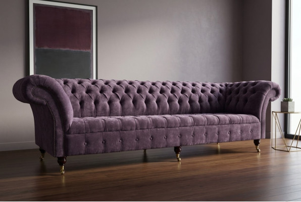 Lila Chesterfield Sofá de lujo con cojines, sofá de 4 plazas, conjunto de sillones.