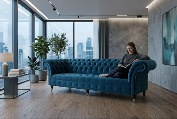 Diseño Chesterfield sofá de 4 plazas en tela sofá con funda de sofá de 265 cm.
