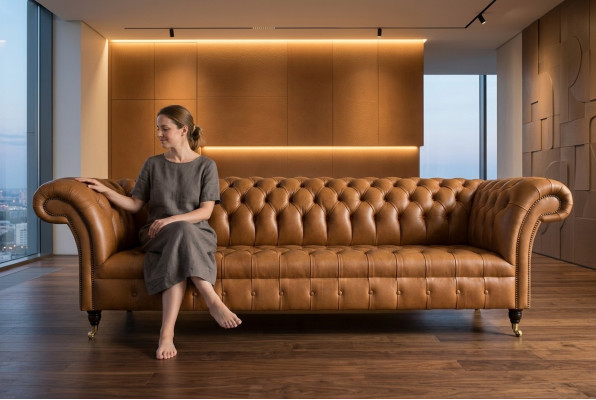 Diseño Chesterfield - Sofá de 4 plazas de cuero marrón con tapizado de lujo.