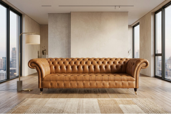 Diseño Chesterfield - Sofá de 4 plazas de cuero marrón con tapizado de lujo.
