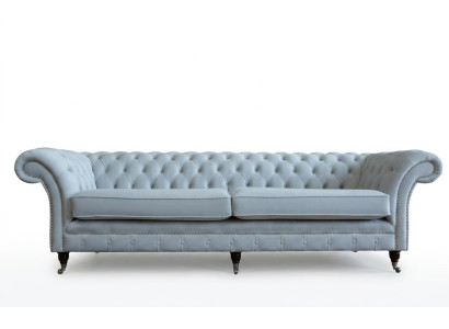 Chesterfield gris de 4 plazas, sofá tapizado de terciopelo estilo moderno.