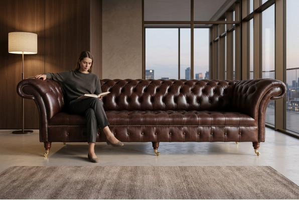 Sofá de 4 plazas diseño Chesterfield tapizado de cuero textil Nuevo.