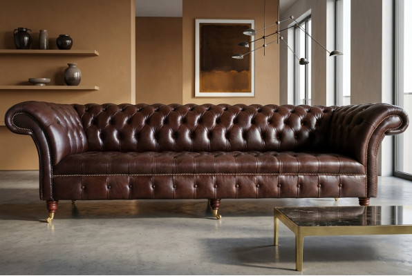 Sofá de 4 plazas diseño Chesterfield tapizado de cuero textil Nuevo.