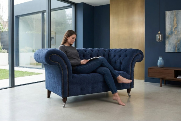 Chesterfield sillón sofá tapizado sofa sofás 1,5 plazas individual azul textil