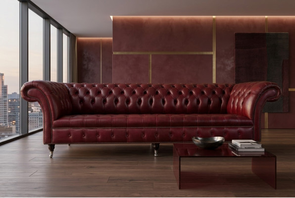 Sofá de diseño Chesterfield de 4 plazas tapizado de lujo clásico en tela.