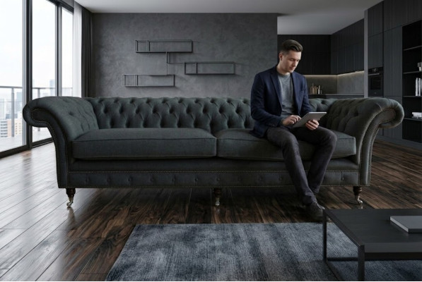 Original Chesterfield Sofá de Tela y Cuero Couch Tapizado Gran Cojín de Asiento Gris 265cm