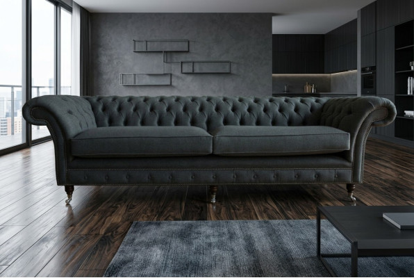 Original Chesterfield Sofá de Tela y Cuero Couch Tapizado Gran Cojín de Asiento Gris 265cm