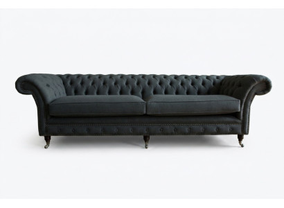 Original Chesterfield Sofá de Tela y Cuero Couch Tapizado Gran Cojín de Asiento Gris 265cm
