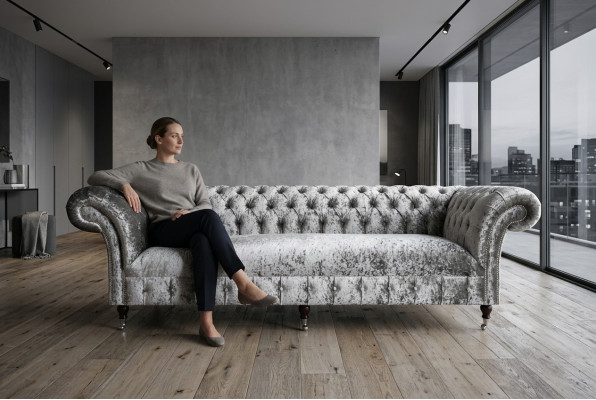 Plata Chesterfield sofá de tela de cuero acolchado grande cojín nuevo 265cm