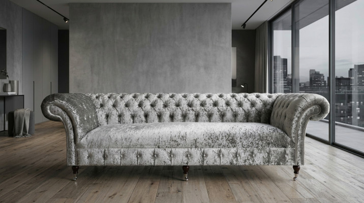 Plata Chesterfield sofá de tela de cuero acolchado grande cojín nuevo 265cm