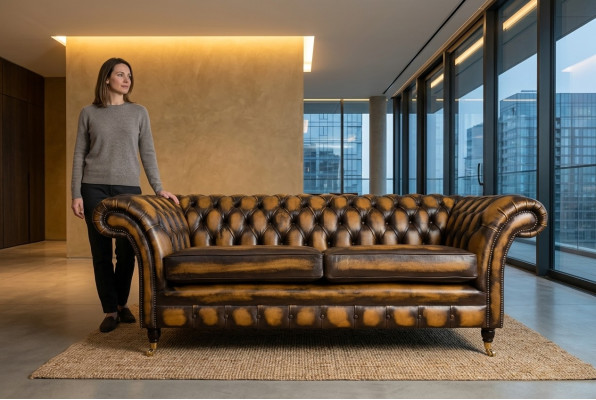 Noble Chesterfield marrón tres plazas lujo tapizado Sofás de diseñador.