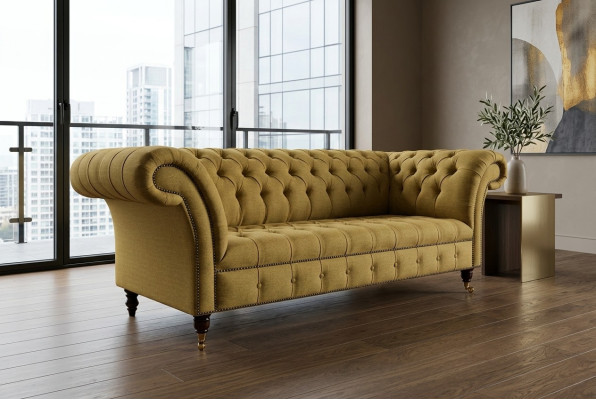 Sofá de diseño de tres plazas amarillo, cómodo, para salón, lujo, exclusivo.